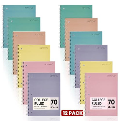 Single Subject Spiral Notebook, 70 Ruled Pages, 10.5 x 8 Inch, College Ruled Paper, Wire Bound Notebook for School, College, Office & Home Pack of 12