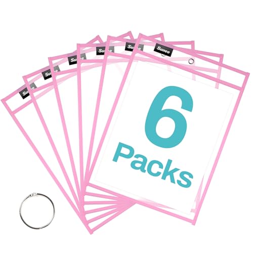 SUNEE 6 Packs Oversized Reusable Dry Erase Pocket Sleeves with Ring, Pink 10x14 Ticket Holders, Clear Plastic Sheet Protectors, Teacher School Classroom Supplies - color: Pink, style: 6 Pack