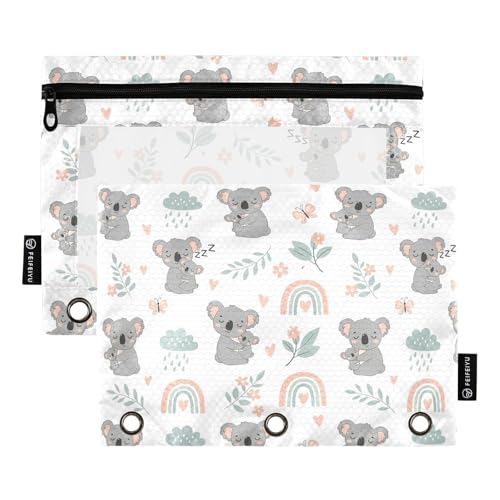 Gredecor Binder Pencil Pouch 3 Ring Koala Rainbow Floral Zipper Pencil Pouches Case 2 Pack Clear Binder Organizer for School Office - color: Koala