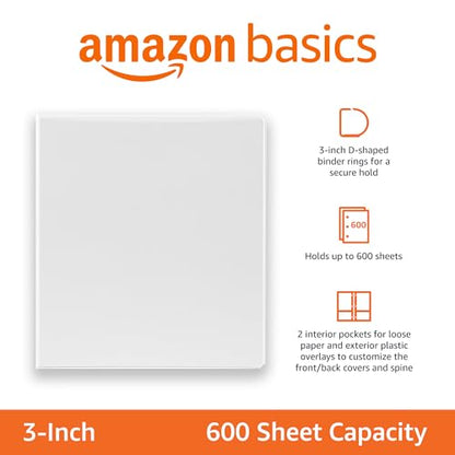 Amazon Basics 3 Ring Binders, 3 Inch D-Ring Organizer for School, Home Office, Paper Storage, White, 2 Pack - size: 2-Pack, style: 3-inch