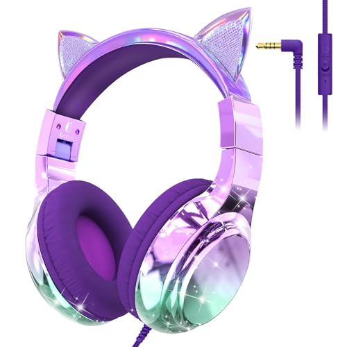 QearFun Cat Ear Kids Headphones with Cord, Wired Headset for Kids Girls Boys with Mic, 85/94dB Volume Limit, Foldable Over-Ear 3.5mm On-Ear Design, Sharing Port for School, Chromebook, Tablet, Travel - color: Cat Purple