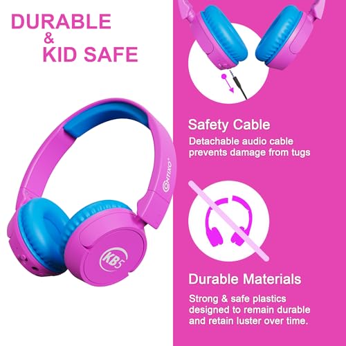 Contixo KB-5 Kids Headphones - Over The Ear Foldable Bluetooth Wireless Headphone for Kids - 85dB with Volume Limited - Toddler Headphones for Boys and Girls (Pink + Blue) - color: Pink