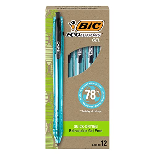 BIC Ecolutions Ocean-Bound Plastic Gel Pens, Medium Point (1.0mm), 12-Count Pack, Retractable Black Ink Pens Made from 78% Ocean-Bound Recycled Plastic Excluding Ink Cartridge - color: Black