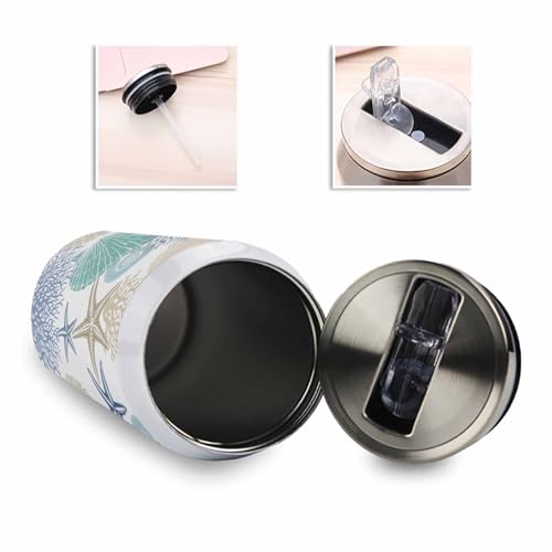 Rustic Nautical Coastal 10oz Stainless Steel Tumbler with Lid & Straw-Double Wall Vacuum Insulated Travel Mug Ocean Sea Star Coral Shell Water Bottle Coffee Beverage Drinks Cup - size: 10 Ounces