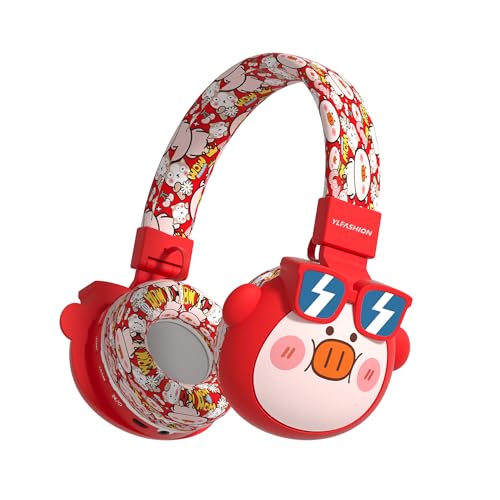 Beerus Kids Bluetooth Headphones, 85dB Volume Limiter, Bluetooth 5.4 & 20H Playtime, Ultra-Soft Foldable Over-Ear Headset with Mic, FM/TF Mode, Cute Animal Design for School Travel - color: Red Piggy