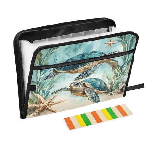 13 Pockets Expanding File Folder Sea Turtle Starfish Accordion File Organizer A4 Letter Size Paper Document Storage Zipper Expandable Folders with Labels