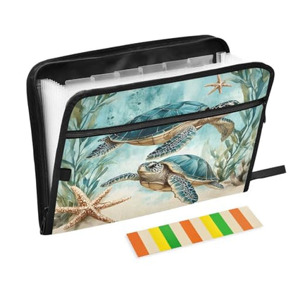 13 Pockets Expanding File Folder Sea Turtle Starfish Accordion File Organizer A4 Letter Size Paper Document Storage Zipper Expandable Folders with Labels