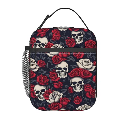 Horror Skull Lunch Box for Kids,Gothic Red Rose Insulated Bag for Student,White Black Skulls Reusable Thermal Insulation Cooler Tote Bags for School Work Picnic Camping Outdoor Gifts - color: Skull