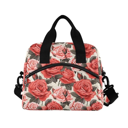 ALAZA Pink Red Roses Leaves Insulated Lunch Bag Women Men Portable Reusable Cooler Lunch Tote Bag for Work Office Picnic College - color: Multi 04