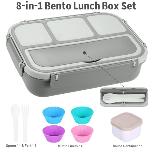 Bento Box Adult Lunch Box, Lunch Containers for Kids Girls Boys with 4 Compartments, Lunchable Food Container with Utensils, Sauce Jar, Muffin Liners, 40 Oz/5 Cup, Microwave & Dishwasher Safe, Gray - color: Gray