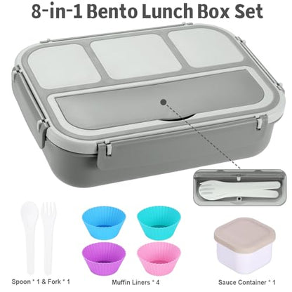 Bento Box Adult Lunch Box, Lunch Containers for Kids Girls Boys with 4 Compartments, Lunchable Food Container with Utensils, Sauce Jar, Muffin Liners, 40 Oz/5 Cup, Microwave & Dishwasher Safe, Gray - color: Gray
