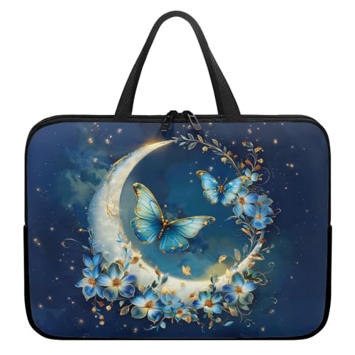 Blue Butterfly Moon Computer Bag Sleeve with Handle, Protective Tablet Case with Zipper, Women Sturdy Laptop Bag, Portable Notebook Sleeves Handbag for Travel/Business/School - color: Blue Butterfly Moon, size: 10 Inch