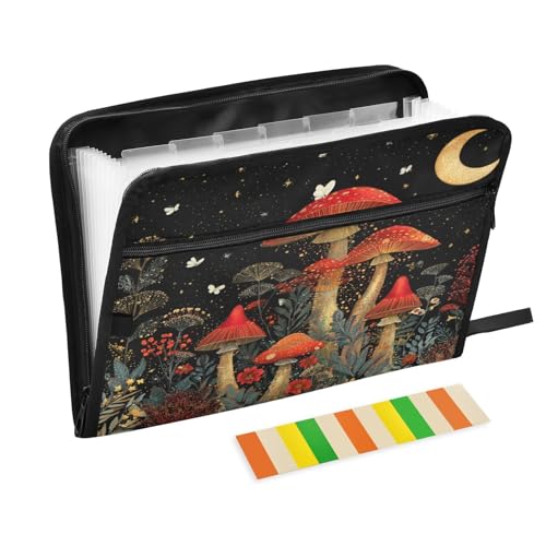 Red Mushrooms at Night Accordion File Organizer Expanding Document Folder with 13 Pockets Portable File Folder for A4 Letter Size - color: Red Mushrooms at Night