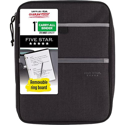 Five Star Zipper Binder, 1 Inch 3-Ring Binder with Round Rings, Carry-All with Pockets and 4-Tab Dividers, 375 Sheet Capacity, Black/Gray (29092IT8) - color: Black/Gray