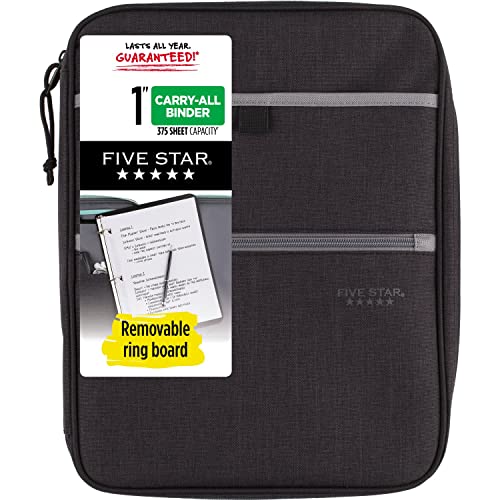 Five Star Zipper Binder, 1 Inch 3-Ring Binder with Round Rings, Carry-All with Pockets and 4-Tab Dividers, 375 Sheet Capacity, Black/Gray (29092IT8) - color: Black/Gray