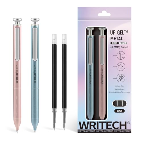 WRITECH Gel Pens Fine Point: Premium Metal Barrel Retractable 0.7mm Black Ink Pen 2ct with 2 Refills No Smear & Bleed Quick Dry Smooth Writing Silent Click Luxury Up-Gel - color: Blue & Pink