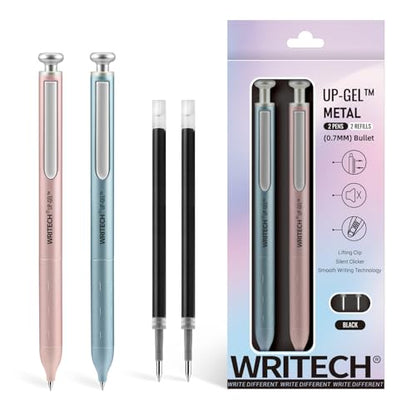 WRITECH Gel Pens Fine Point: Premium Metal Barrel Retractable 0.7mm Black Ink Pen 2ct with 2 Refills No Smear & Bleed Quick Dry Smooth Writing Silent Click Luxury Up-Gel - color: Blue & Pink