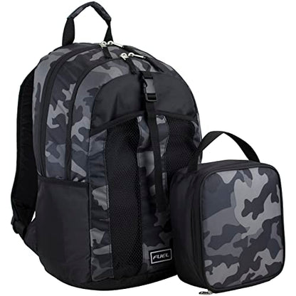 FUEL Lunch Backpack Set Teens Student Water Resistant Bookbag Bag Soft Reusable Insulated Cooler Lunch Box Thermal Travel Office Lunch Bag, Grey Camo - color: Black