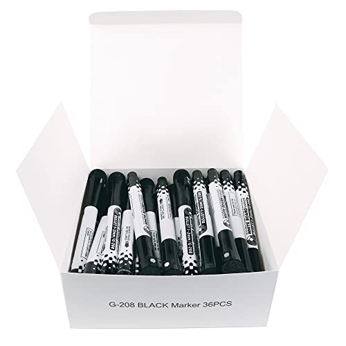 Glassboard Studio Black Fine Tip Dry Erase Markers Bulk 36-Pack with Magnetic Eraser Cap and Low Odor Ink for White Boards at School, Work, or Home