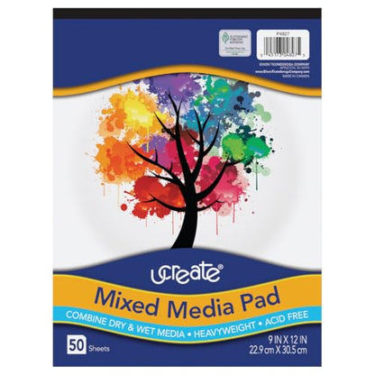 UCreate Mixed Media Pad, White, 9" x 12", 50 Sheets