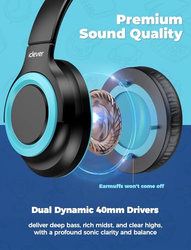 iClever 2Pack Kids Headphones with Sharing Splitter - 85dBA Safe Volume Limited - HS22 Wired Headphones for Kids Teens, Tangle-Free 3.5mm Jack Foldable Stereo Headphone for School/Tablet/Travel - color: Navy Blue & Black
