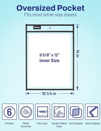 SUNEE 6 Packs Oversized Reusable Dry Erase Pocket Sleeves with Ring, Black 10x14 Ticket Holders, Clear Plastic Sheet Protectors, Teacher School Classroom Supplies - color: Black, style: 6 Pack