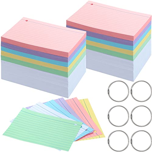 600 Pieces Index Cards Colored Ruled Flashcards with Single Hole Heavy Study Cards Note Cards Punched 12 Metal Binder Rings for School Office Home Learning Uses (Fresh Color, 4 x 6 Inches)
