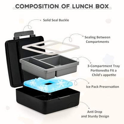 Pawtong Lunch Box Set with Bento Box Container, 17OZ Stainless Steel Food Soup Thermo, Kids Water Bottle & Portable Insulated Lunch Bag – Leakproof, Hot/Cold Retention for School, Travel (Black) - color: Black