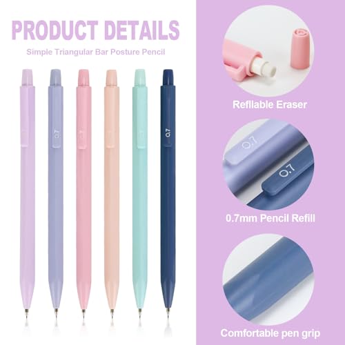 Buqoo Mechanical Pencil Set, 6PCS 0.7mm Cute Pastel Mechanical Pencils, 2Push-Pull Retractable Eraser with 80PCS HB 0.7 Lead Refill and Zipper Bag Pencil Kit for Art, Drawing Pencils for Sketching - color: Multicolor Pink