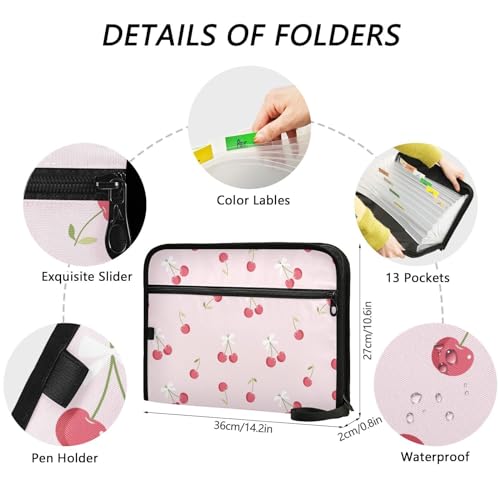 Pink Cherry White Bow File Folders,Plastic Folders with 13 Pockets,Expandable File Folder for Documents School Students Office,Aesthetic Folder with Labels A4 Letter Size - color: Multi 23