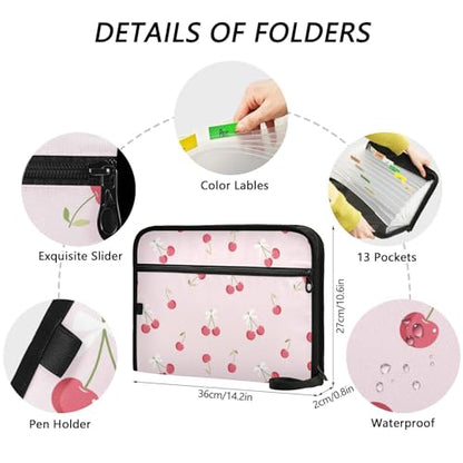 Pink Cherry White Bow File Folders,Plastic Folders with 13 Pockets,Expandable File Folder for Documents School Students Office,Aesthetic Folder with Labels A4 Letter Size - color: Multi 23
