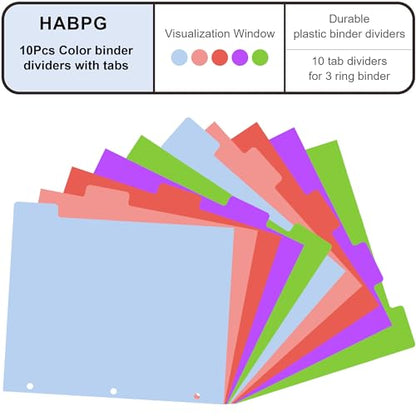 HABGP 10Pcs/2 Set 5 Tab Dividers for 3 Ring Binder, 10 Pcs Multicolor 3 Ring Binder Dividers with Tabs, Page Folder Dividers, Plastic Tabbed File Dividers with Tabs, Three Ring Binder Index Dividers - size: 2 set (10 pcs)