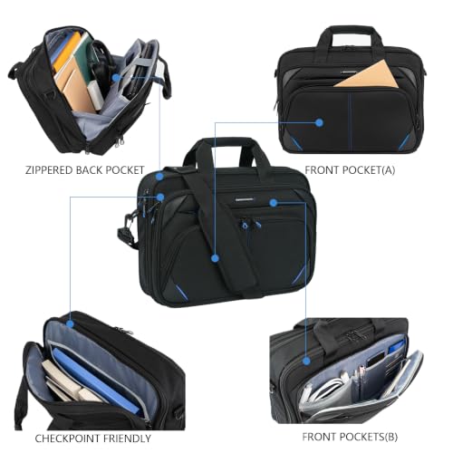 KROSER 15.6 Inch Laptop Briefcase Computer Bag, Messenger Shoulder Bag | Water Repellent Polyester, Detachable Shoulder Strap, Luggage Strap Design for Business, College, Men & Women-Black-Blue - color: Black/Blue, size: 15.6 INCH