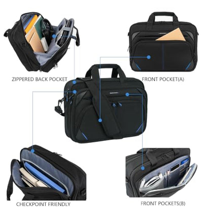 KROSER 15.6 Inch Laptop Briefcase Computer Bag, Messenger Shoulder Bag | Water Repellent Polyester, Detachable Shoulder Strap, Luggage Strap Design for Business, College, Men & Women-Black-Blue - color: Black/Blue, size: 15.6 INCH