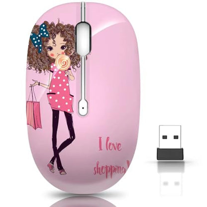 JUHOO Wireless Mouse with Nano Receiver for PC, Laptop, Notebook, Computer, MacBook, Less Noise, Portable Mobile Optical Mice - style: Shopping Girl