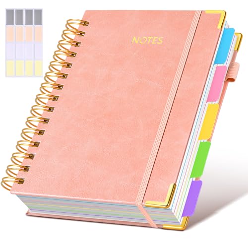 Hardcover Spiral Notebook journal with Removable Dividers Tabs, 300 Pages Leather 5 Subject Notebook College Ruled, 100GMS A5 Notebooks for Work School Note taking,Lined Journal for Women,A5-Pink - color: A-pink, size: 6.2"x8.2"