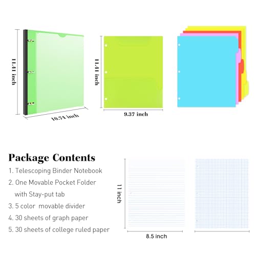 INFUN All-in-one Telescoping Binder Notebook ，Refillable 3 Ring Notebook Binder with 1 plastic movable pocket folder,5 plastic subject dividers and graph paper and college ruled paper - Green - color: Green, size: 1 PCS