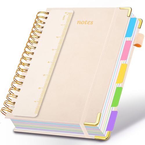 Hardcover Spiral Notebook 5.7"x 8.2" Journal Notebook with Tabs and Removable Dividers 300 Pages 5 Subject Notebook College Ruled, Faux Leather Spiral Bound Notebook for Women School Work(White) - color: White, size: 6.2"x8.2"(A5)