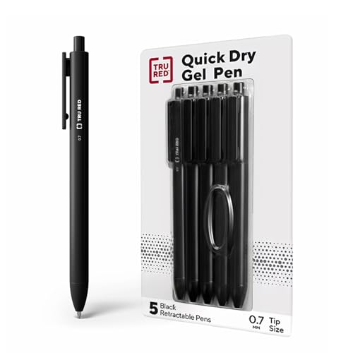TRU RED Retractable Gel Pens, Medium Point 0.7mm, Black Ink, 5 Pack – Quick‑Dry Pens for No‑Smear Notes & Office Writing - color: Black, size: 5 Pack, style: Medium Point