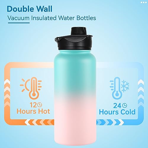 VEGOND 32 oz Insulated Water Bottle Stainless Steel Metal Water Bottles with Leak Proof Straw Lid & Spout Lid, Wide Mouth Double Walled Vacuum Travel Sports Bottle, Green Pink - color: Bubble Gum, size: 32 Ounces