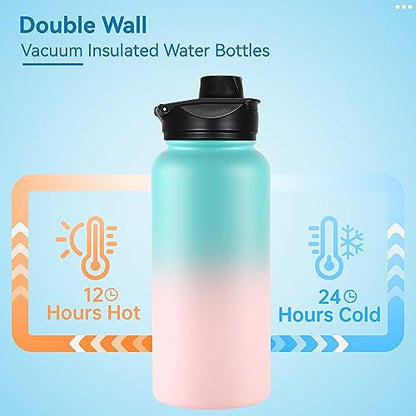 VEGOND 32 oz Insulated Water Bottle Stainless Steel Metal Water Bottles with Leak Proof Straw Lid & Spout Lid, Wide Mouth Double Walled Vacuum Travel Sports Bottle, Green Pink - color: Bubble Gum, size: 32 Ounces