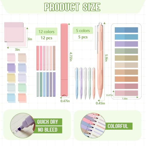 Jutom 39 Pcs Aesthetic Book Annotation Kit Highlighter with Case Bag Gel Pen Transparent Sticky Note Taking Bible Supplies(Green,Kawaii Style) - color: Green, style: Kawaii Style