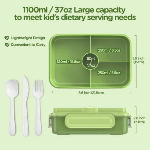 Jelife Bento Box Kids Lunch Box - Large Bento-Style Leakproof with 4 Compartments Food Storage Container with Tableware for Kids Back to School, Reusable On-the-Go Meal and Snack Packing, Green - color: 1100ml-Green