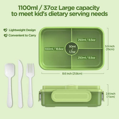 Jelife Bento Box Kids Lunch Box - Large Bento-Style Leakproof with 4 Compartments Food Storage Container with Tableware for Kids Back to School, Reusable On-the-Go Meal and Snack Packing, Green - color: 1100ml-Green