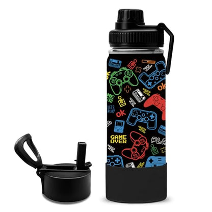 Gamer Gifts for Boys Kids - 18oz Gaming Water Bottle Stainless Steel, Insulated Straw Lid Leak Proof, BPA Free Metal Thermos for Teen Boys Girls, Video Game Party Favors Travel School（Game2） - color: Game2