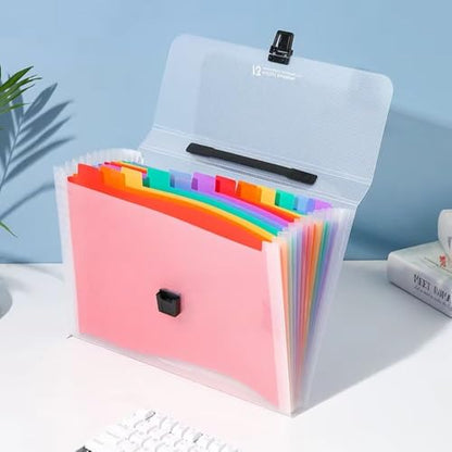 Large Capacity Accordion File Organizer 13 Pockets A4 Rainbow Expanding File Folder for Cards, Letter, A4 Paper, Document - size: with Handle