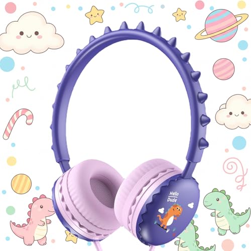 Kids Dinosaur Wired Headphones with Noise Cancelling Purple | Safe 85/94dB Volume Limit, HD Microphone for School, Soft Ear Cups, Pink Headphones for Toddlers & Teens. - color: Dinosaur Purple