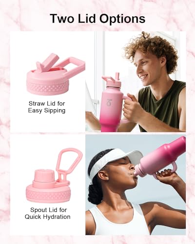 Trebo Insulated Water Bottle 40oz Fits in Car Cup Holder with Side Handle | Stainless Steel Metal Tumbler with Straw Spout Lids, Triple-Wall Vacuum Copper Plated, Cold 48 Hrs Hot 24 Hrs for Travel, Gym - color: Pink, size: 40 Ounces
