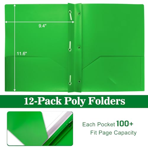 12-Pack Plastic Folders with Pockets and Prongs, 2-Pocket Poly Folders with 3 Fasteners Holds 8-1/2" x 11" Paper for School/Office/Home, Green - color: Green, size: 12-Pack