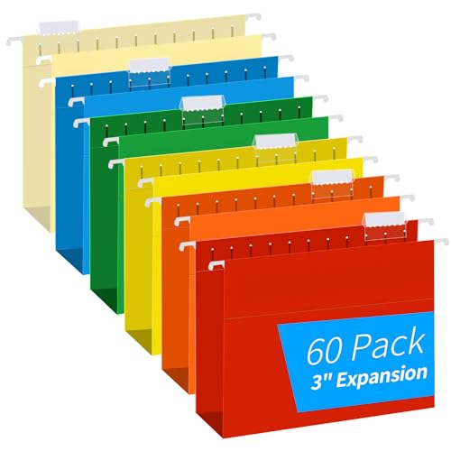 Extra Capacity Hanging File Folders, RAZCC 60 Pack Letter Size Reinforced Hanging Folders with Heavy Duty 3 Inch Expansion for Bulky Files, Filing Cabinet, Adjustable Tabs, Assorted Colors - size: 3 inch expansion